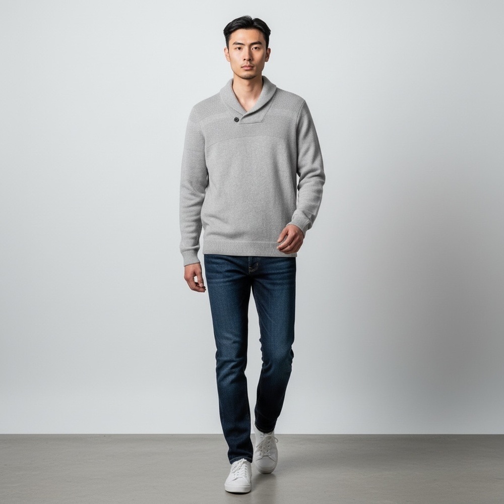 RW&CO Men’s Grey Sweater Pullover Shawl Collar Cotton Textured Knit Small